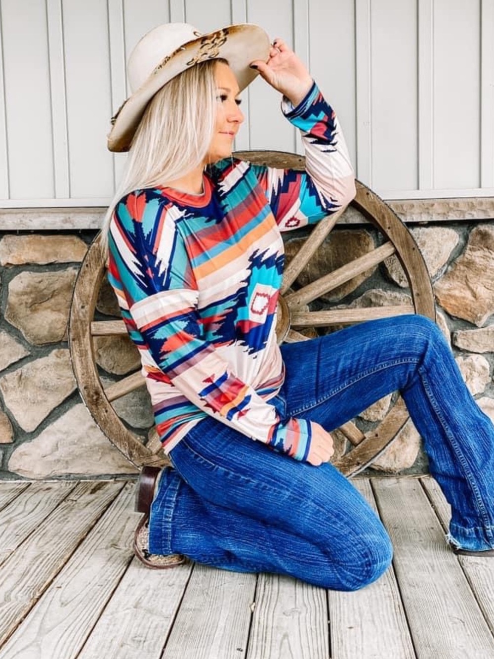 Aztec-Print Long Sleeve Top in Multicolor